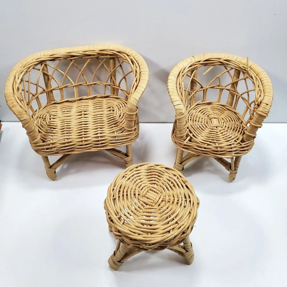 Vintage Doll Furniture Wicker Rattan Patio Set Sofa Chair (FLAW) Table Lot of 3